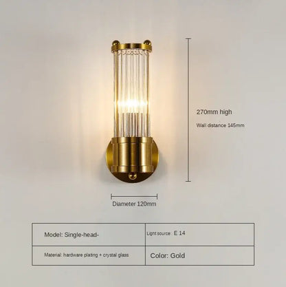 Modern gold decorbites crystal led wall lights featuring gold-plated vertical crystal glass rods for elegant bedroom sconce