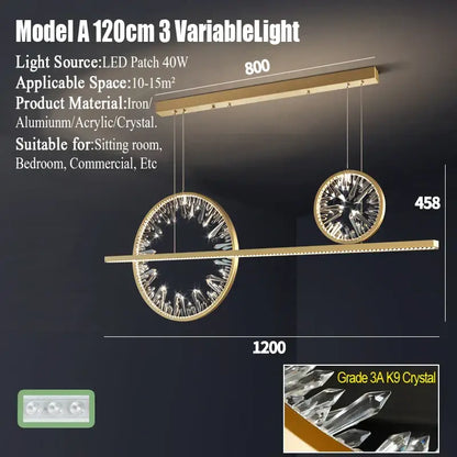 Modern gold decorbites crystal pendant chandelier with two circular grade 3a k9 crystal accents for dining room lighting