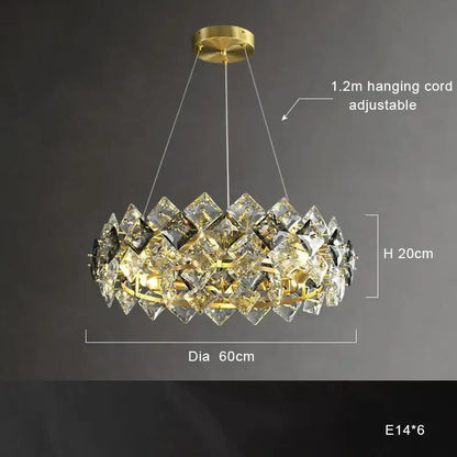 Modern gold decorbites crystal round chandelier with faceted crystals in overlapping diamond shapes for dining room lighting