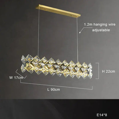 Modern gold decorbites crystal round chandelier features a gold-toned rectangular frame with faceted crystal elements
