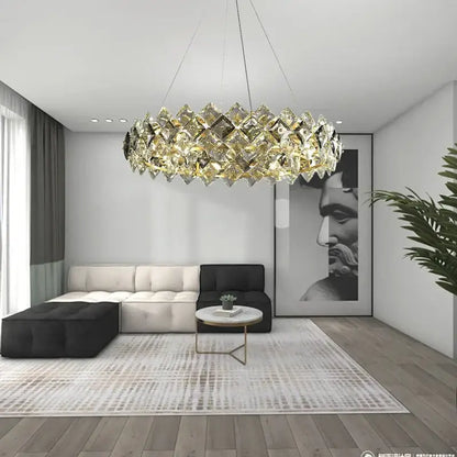 A modern gold decorbites crystal round chandelier with geometric design hanging in a dining room light setting