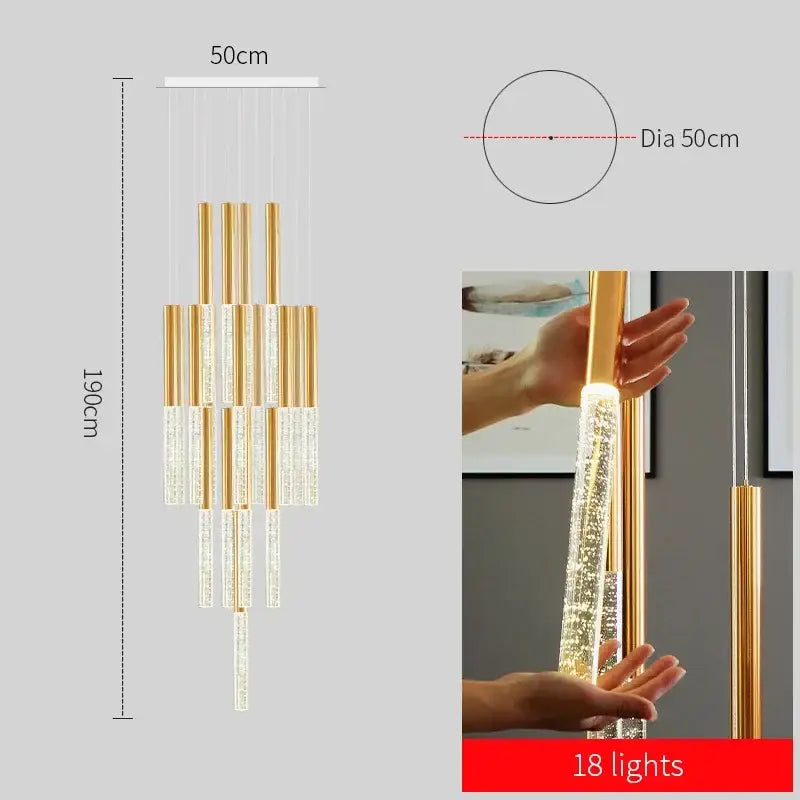 Modern gold decorbites crystal staircase chandelier with clear crystal accents and 18 embedded lights for living room use