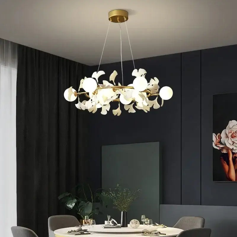 Modern gold decorbites gingko leaf branch chandelier with white petal-shaped glass shades for living room lighting