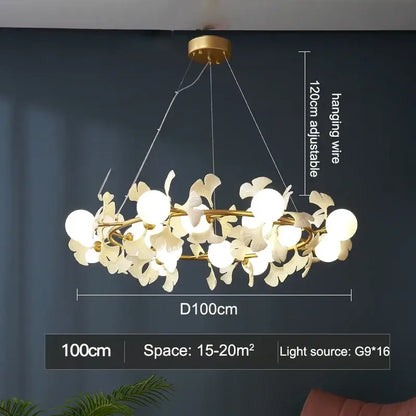 Modern gold decorbites gingko leaf branch chandelier with white petal-shaped glass shades for living room lighting