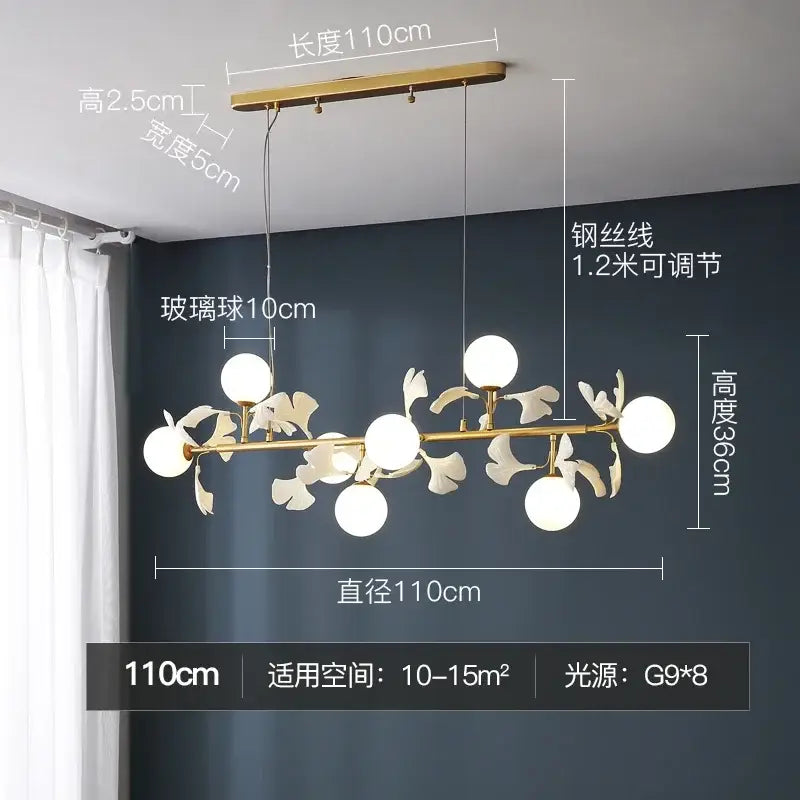 Modern gold decorbites gingko leaf branch chandelier with six glass globes and leaf-shaped metal accents for living room light
