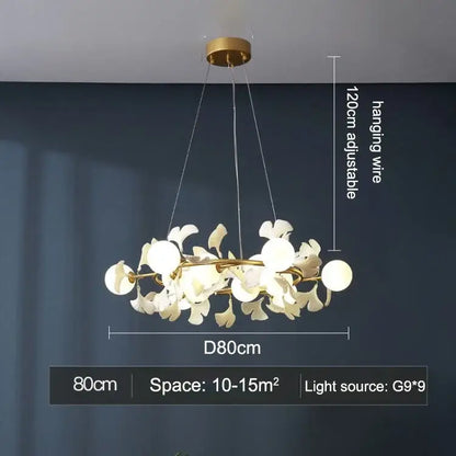 Modern gold decorbites gingko leaf branch chandelier with white petal-shaped glass shades for living room lighting