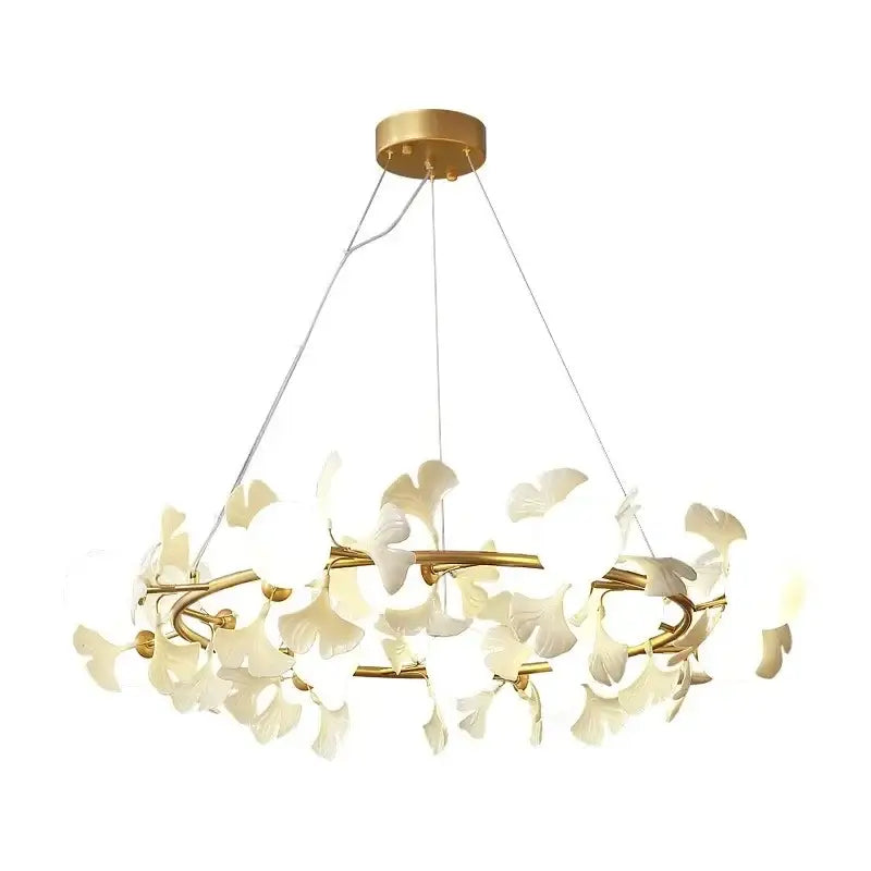 Elegant gold decorbites gingko leaf branch chandelier with cream-colored metal ginkgo leaf ornaments for living room lighting