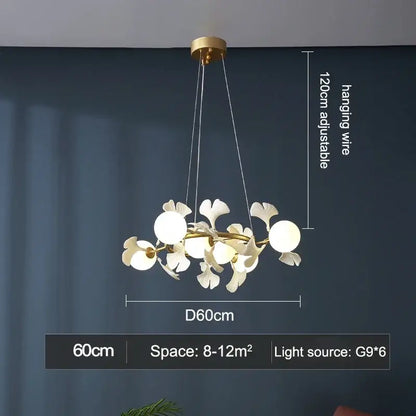 Modern gold decorbites gingko leaf branch chandelier with white glass shades and spherical bulbs for living room light