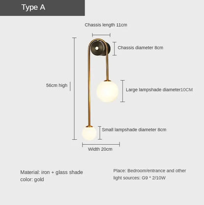 Modern gold decorbites glass ball led wall lamp with curved iron chassis and two spherical glass ball shades