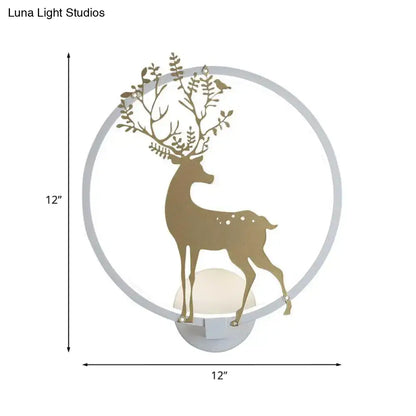 Modern gold deer mural led hoop wall sconce featuring a gold deer silhouette with antler foliage and birds on white base