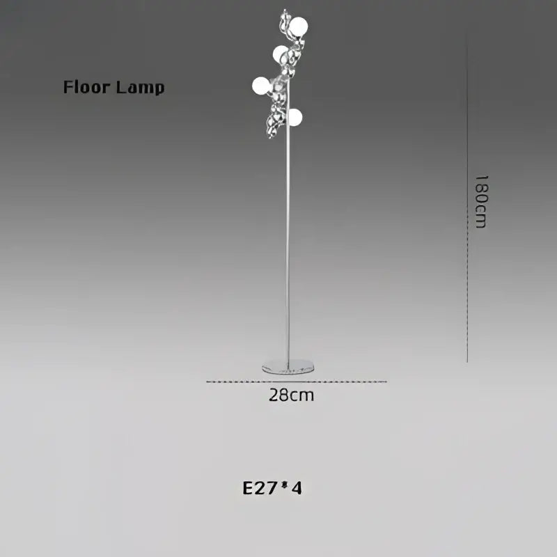 Silver metallic floor lamp with four white spherical bulbs in branching design by decorbites designer molecule chandelier