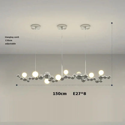 Silver modern pendant chandelier with spherical bulbs and adjustable cords for dining room decorbites designer molecule