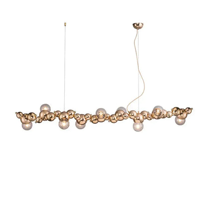 Modern gold designer molecule chandelier dining room pendant light with polished rose gold and clear glass orbs by decorbites designer