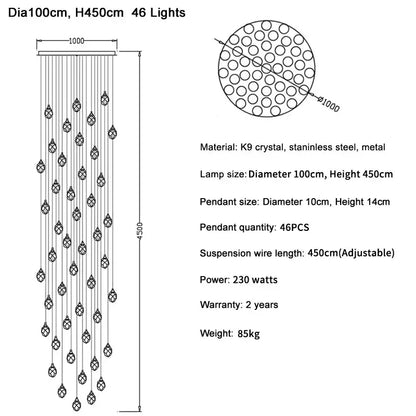 Modern gold diamond crystal ball chandelier with 46 k9 crystal pendants metal and stainless steel frame 100cm diameter