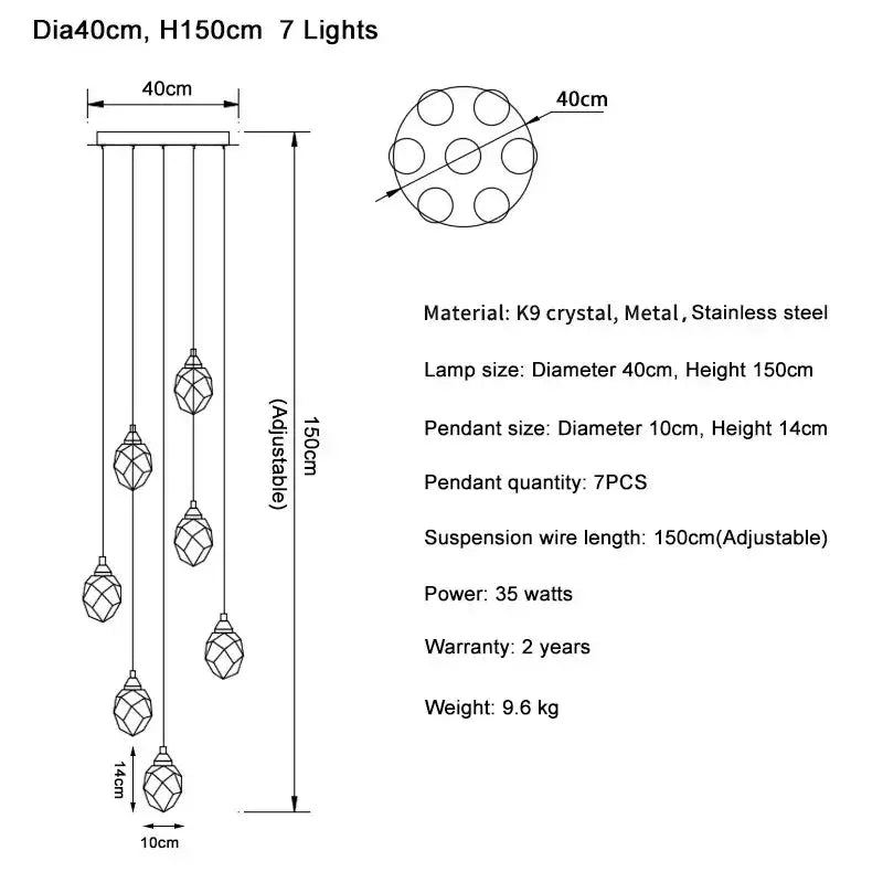 Modern gold diamond crystal ball chandelier with 7 faceted k9 crystal pendants and adjustable stainless steel wires