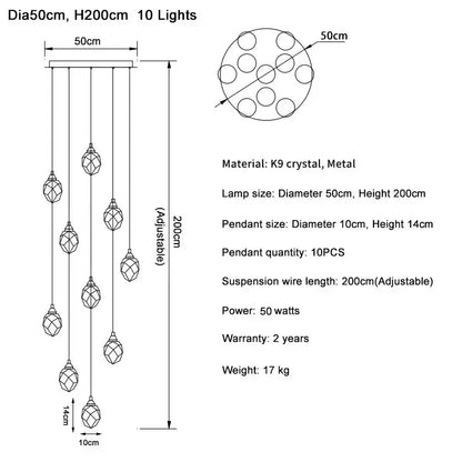 Modern gold adjustable 10-light crystal ball chandelier with faceted diamond crystal ball pendants for living room lighting