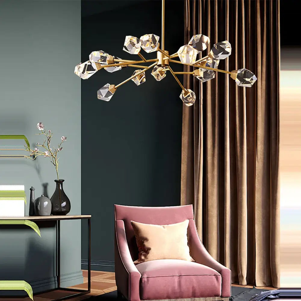 Modern gold diamond crystal brass led pendant light featuring a gold-toned chandelier with faceted crystal accents