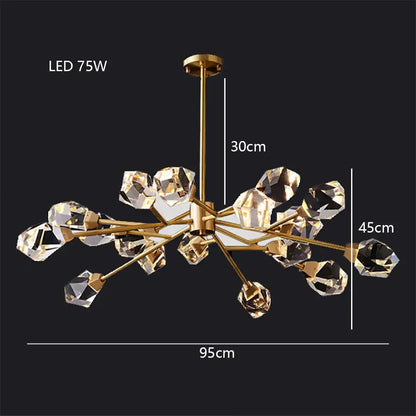 Modern gold diamond crystal brass pendant light with faceted crystal droplets and crystal brass led fixture for dining room