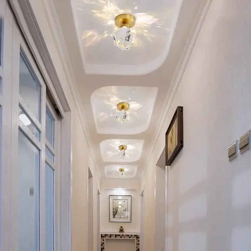 Modern gold diamond crystal ceiling lights with faceted crystal pendants for bedroom and living room ceiling lights