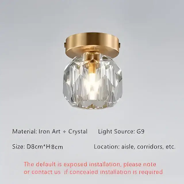 Modern gold diamond crystal ceiling light with faceted crystal globe and iron art base for bedroom or living room