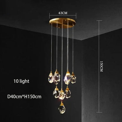 Modern gold diamond crystal chandelier with ten faceted crystals for living room staircase lighting