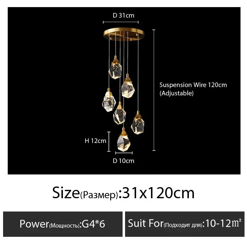 Modern gold diamond crystal chandelier with five faceted crystal pendants hanging from brass fixture for living room lighting
