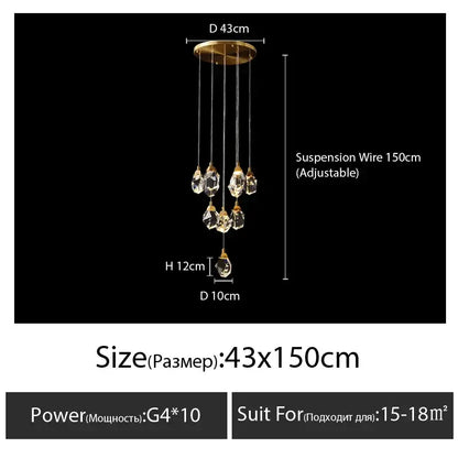 Modern gold diamond crystal chandelier with dangling crystal droplets and adjustable wires for living room lighting