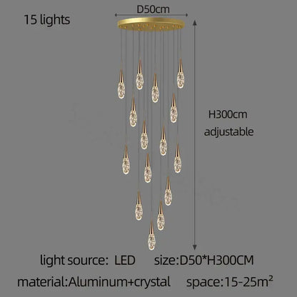 Modern gold diamond crystal chandelier with 15 dangling crystal pendants for elegant living space lighting