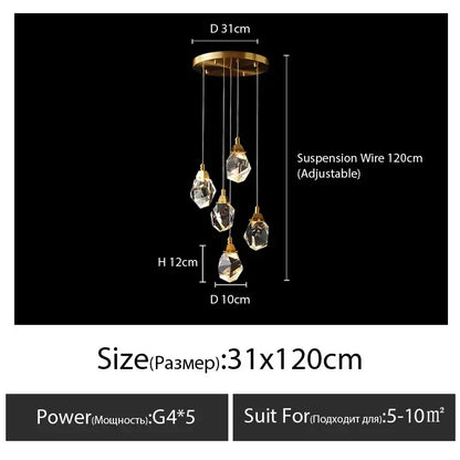 Modern gold diamond crystal chandelier with five faceted crystal pendants suspended from adjustable 120cm wire