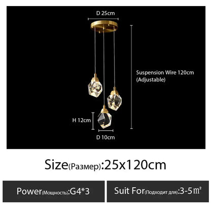 Modern gold diamond crystal chandelier with three faceted globes suspended by adjustable wires for living room staircase lighting