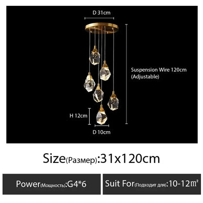Modern gold diamond crystal chandelier with five clear glass pendants for staircase led lighting