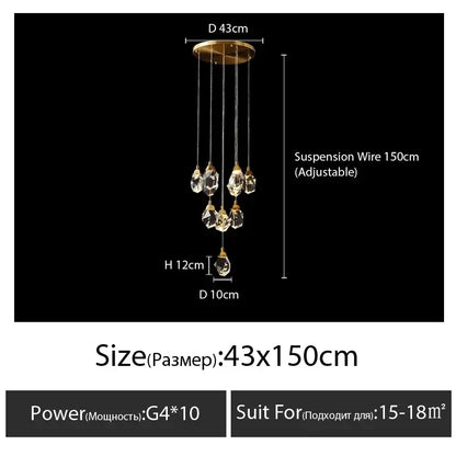 Modern gold diamond crystal chandelier with five faceted crystals and circular mount for chandelier staircase led lighting