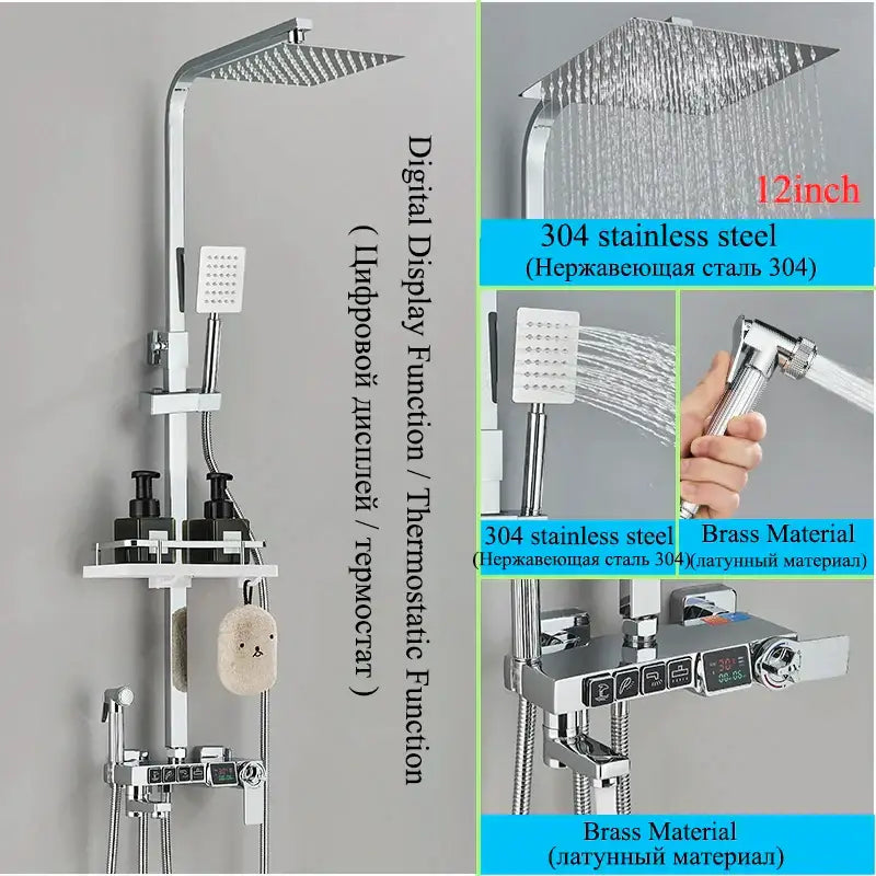 Modern gold shower faucet set with chrome-finished square rainhead handheld sprayer and digital control panel