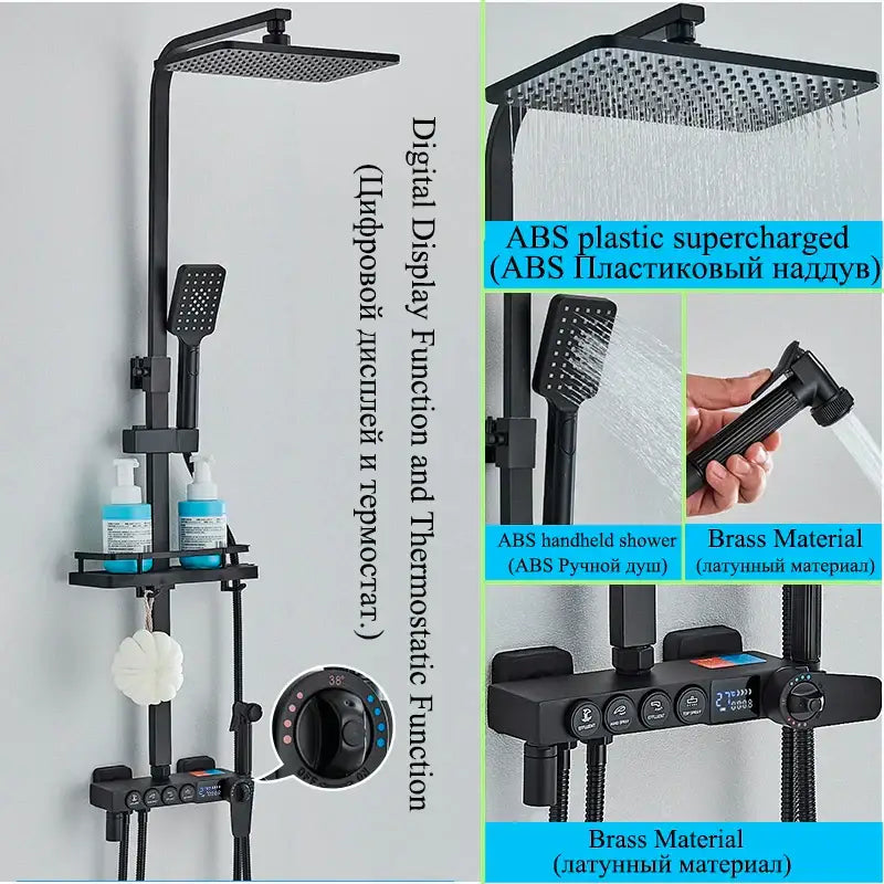 Modern gold digital shower faucet set with black abs plastic and brass rainhead handheld shower faucet set