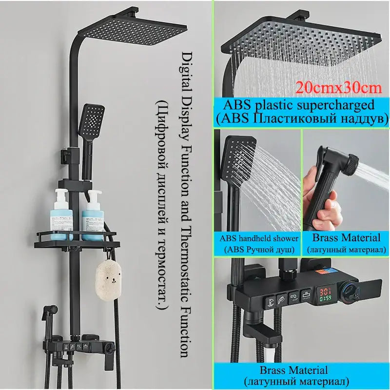 Modern gold digital shower faucet set with black abs plastic and brass shower faucet featuring square rainhead and display