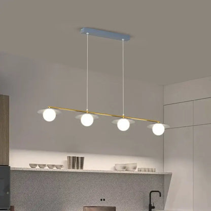 Modern gold dimmable led ceiling chandelier with a sleek metal bar and white glass bulbs for dining room decorbites dimmable led