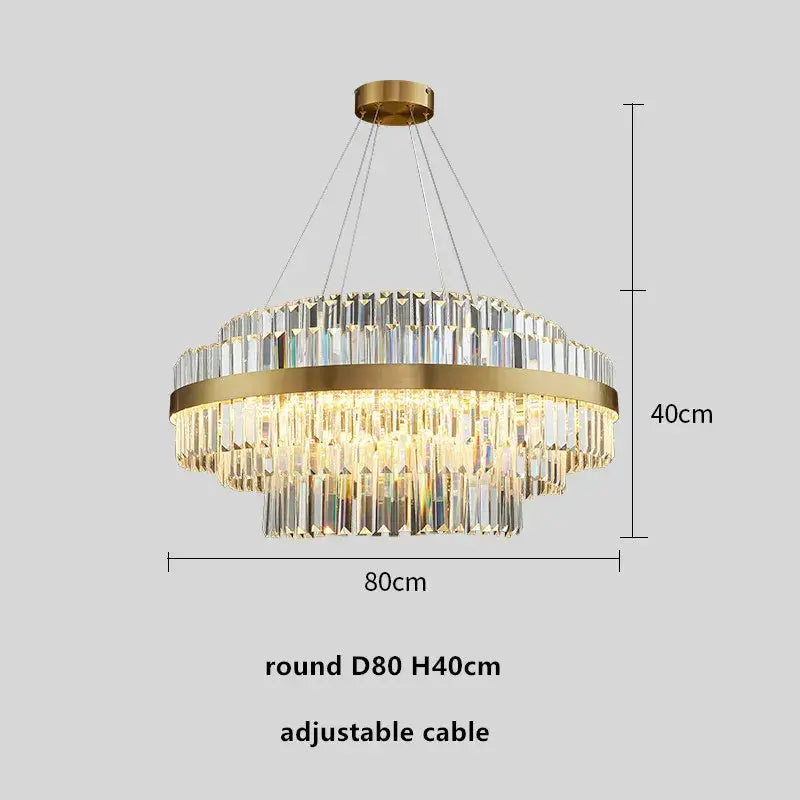 Modern gold dimmable led pendant light with decorbites gold metal frame and cascading crystal prisms for dining room decor