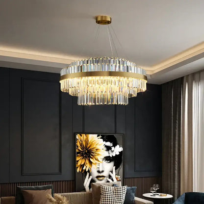 Modern gold dimmable led pendant light with crystals featuring a circular gold metal frame for dining room decorbites decor