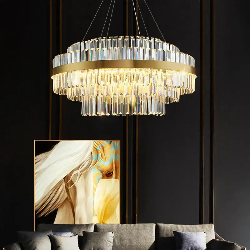 Modern two-tiered pendant light with dimmable led crystals and decorbites gold metal frame for dining room decor