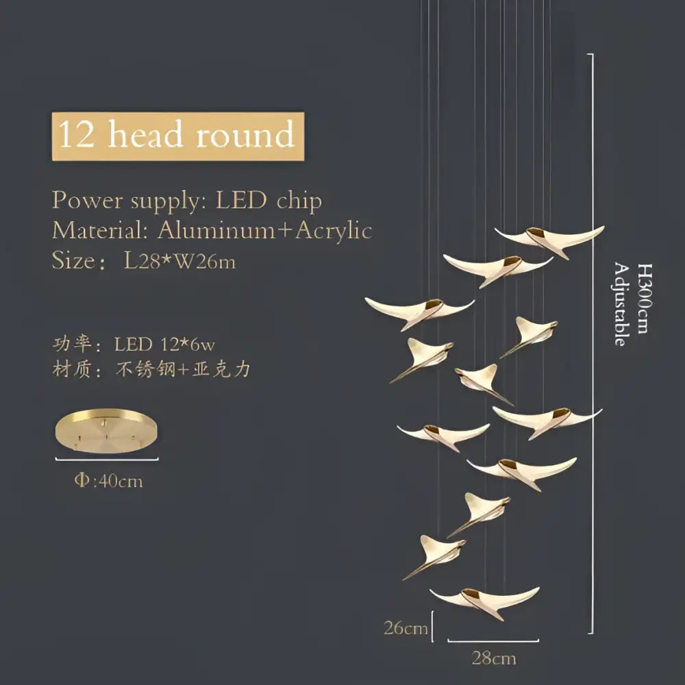 Modern gold dolphin pendant chandelier with adjustable 12-head bird shapes and translucent acrylic wings for hotel lobby decorbites dolphin pendant