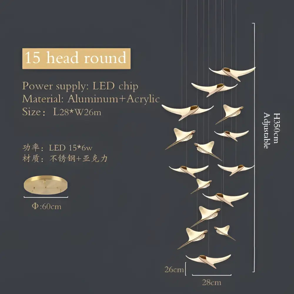 Modern gold dolphin pendant chandelier with 15 adjustable aluminum and acrylic bird-shaped lights for hotel lobbies by decorbites dolphin pendant