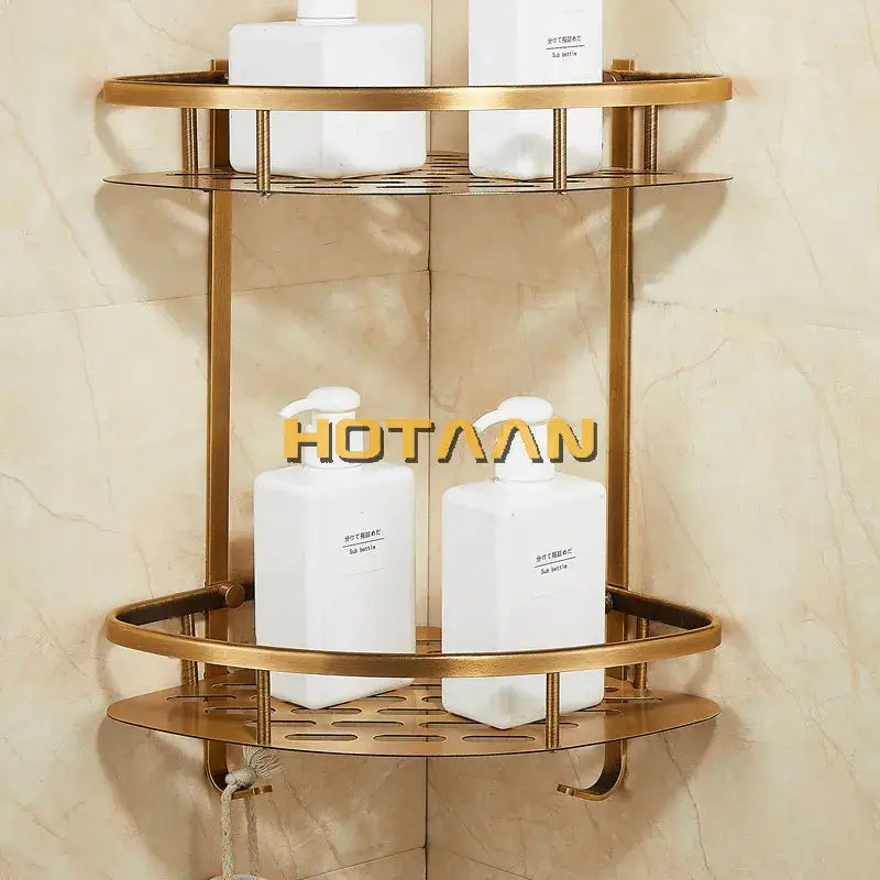 Modern gold double layer aluminum bathroom shower corner caddy with three tiers and perforated shelves for storage