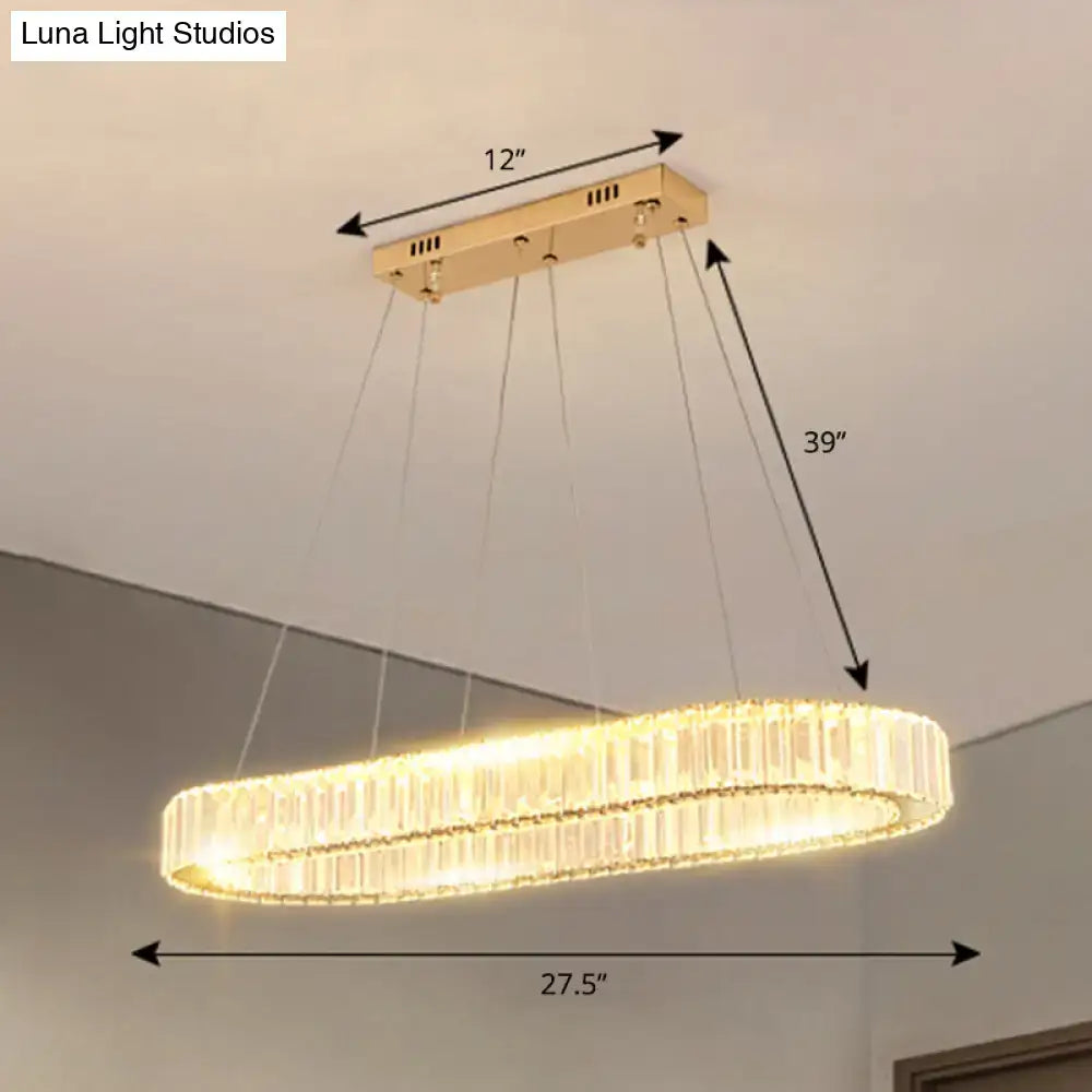 Gold-toned rectangular ceiling mount led suspension lamp with optical K9 crystal double-ring chandelier emitting warm light