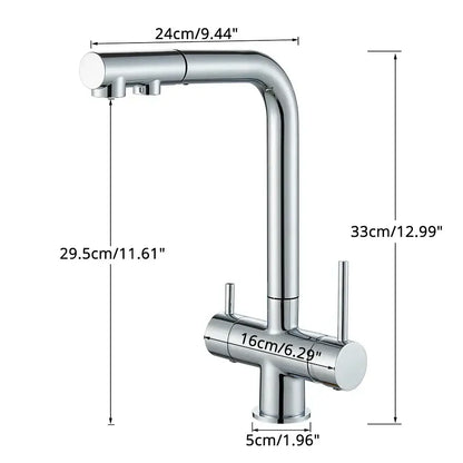 Modern gold decorbites dual handle waterfilter kitchen faucet with chrome finish and sleek curved spout for hot cold control