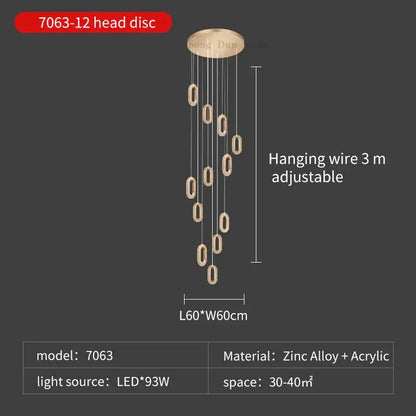 Modern gold duplex crystal chandelier with circular head disc and oval led lights for villa living room
