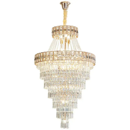 Modern gold duplex villa crystal chandelier with cascading clear and gold-accented glass prisms for staircase living room