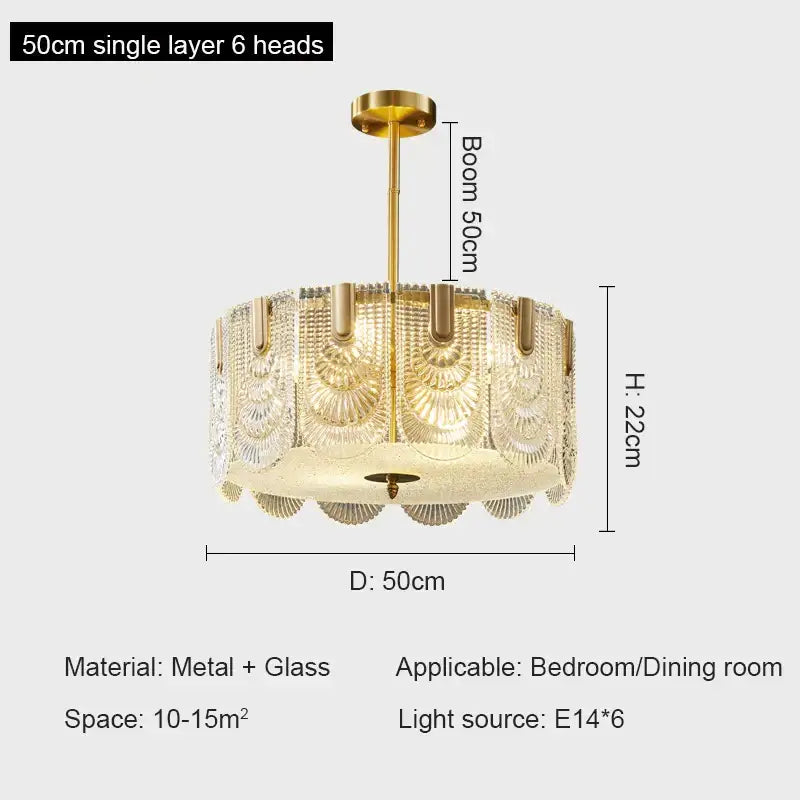 Modern gold elegant crystal chandelier with six glass fan-shaped heads and metallic frame by decorbites elegant crystal
