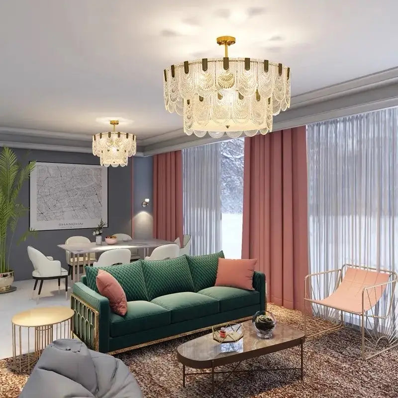 Modern gold elegant crystal chandelier with layered scalloped glass tiers for decorbites elegant crystal living room decor