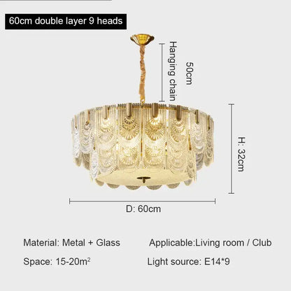 Modern gold elegant crystal chandelier with nine glass fan-shaped shades and twisted metal chain by decorbites elegant crystal