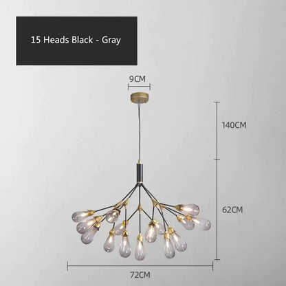 A modern 15-head decorbites elegant firefly chandelier with black and gray metallic arms and gold-toned accents